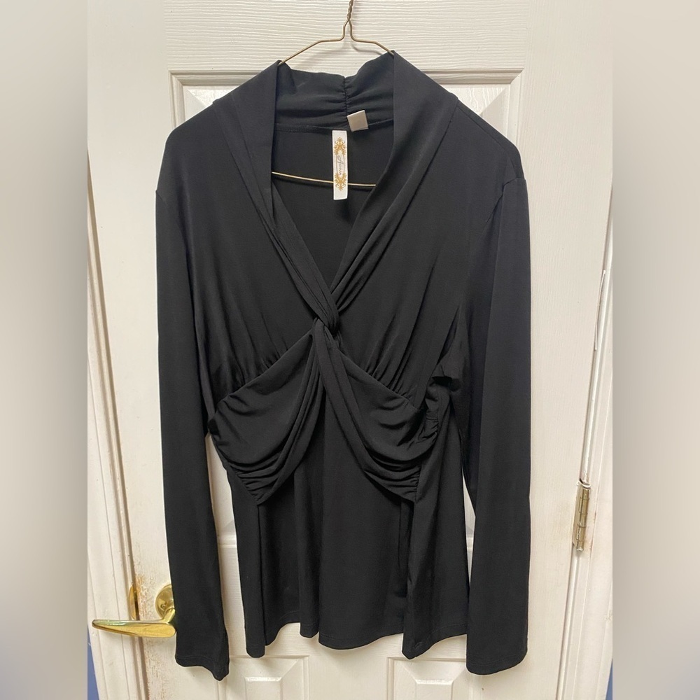 Adiva Women Sz L Charcoal Gray V Neck Criss Cross Wrap Front Long Sleeve Top